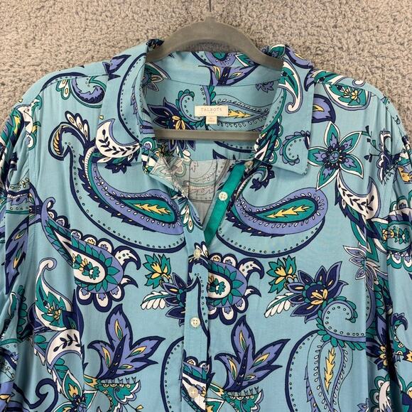 Talbots Blouse XL Blue Paisley Boho Preppy Floral Whimsical Colorful Roll Tab - Picture 1 of 10